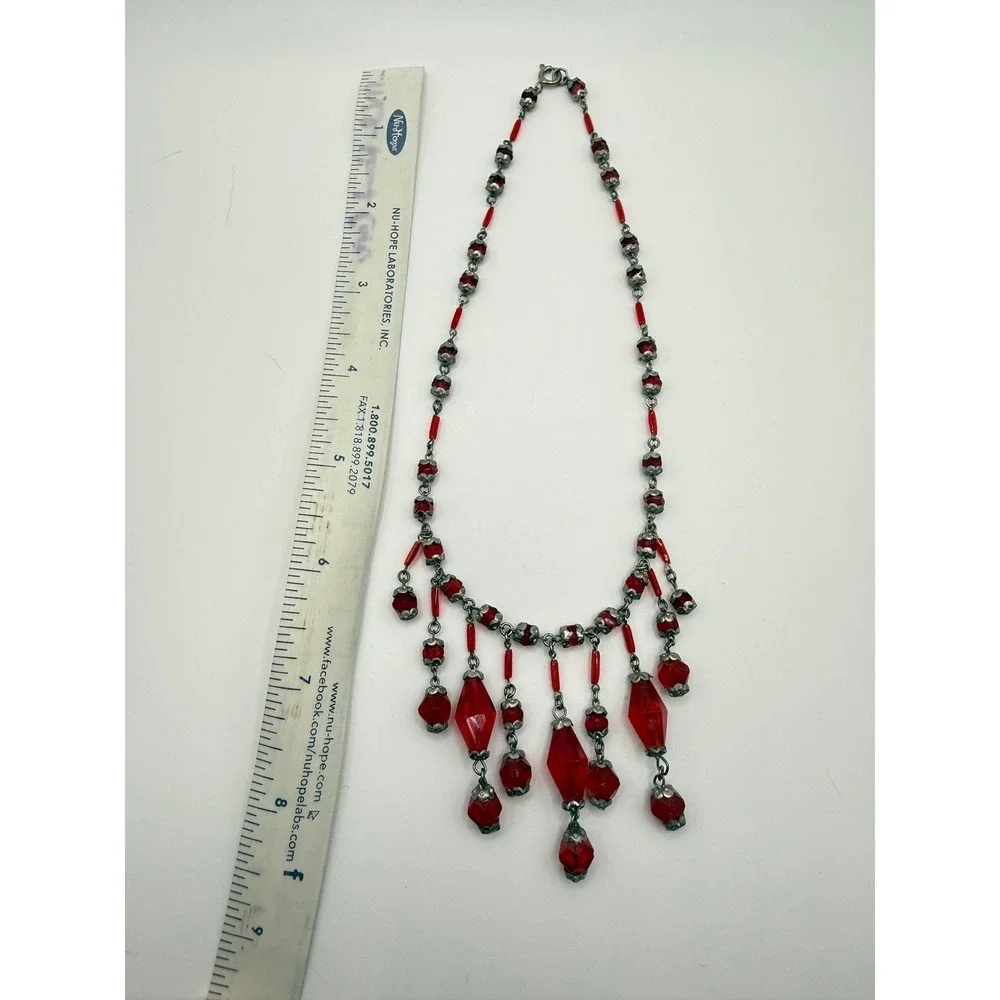 Vintage Red Glass‎ Fringe Bib Necklace Silver Tone Beaded Art Deco